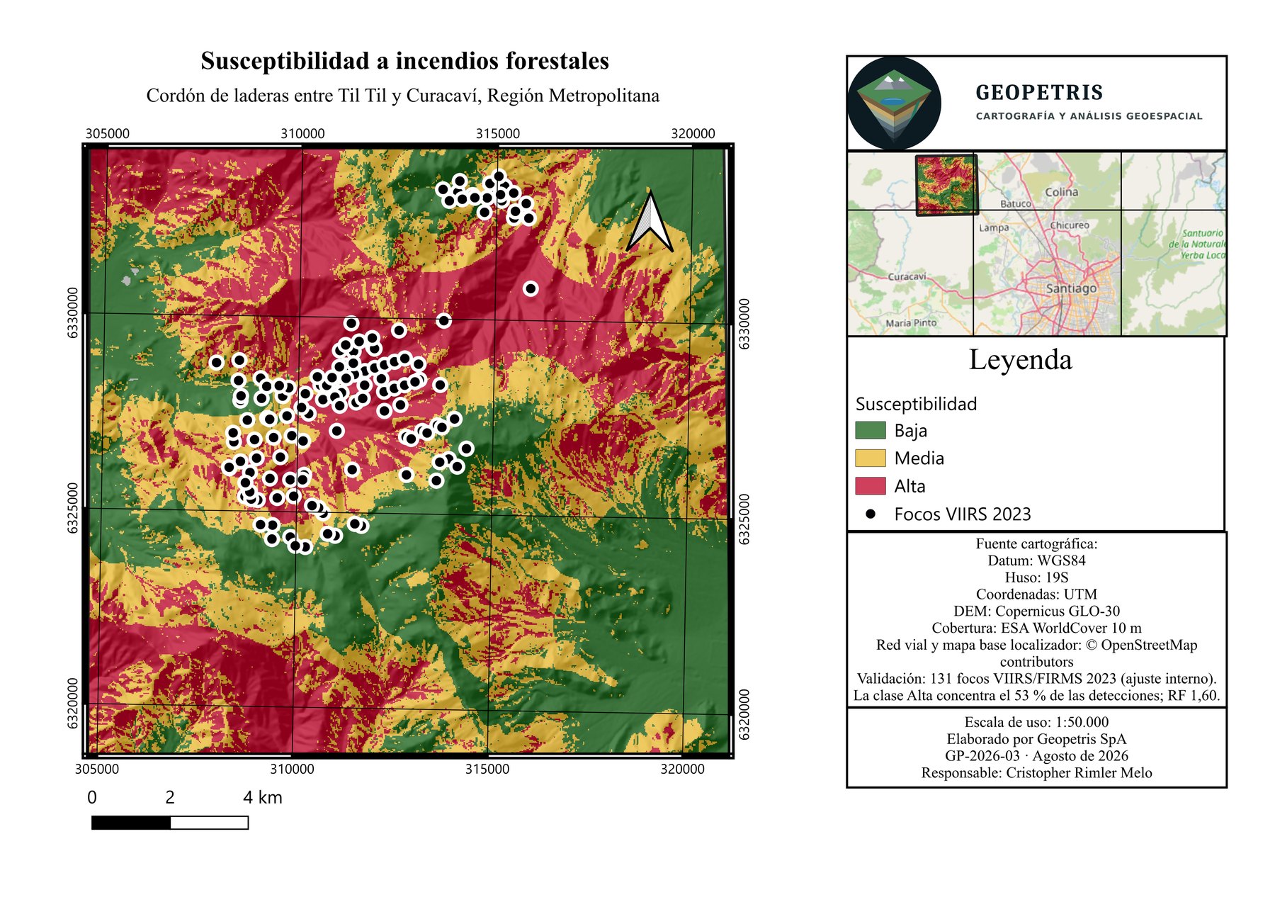Lámina cartográfica del modelo de susceptibilidad a incendios forestales entre Til Til y Curacaví, Región Metropolitana